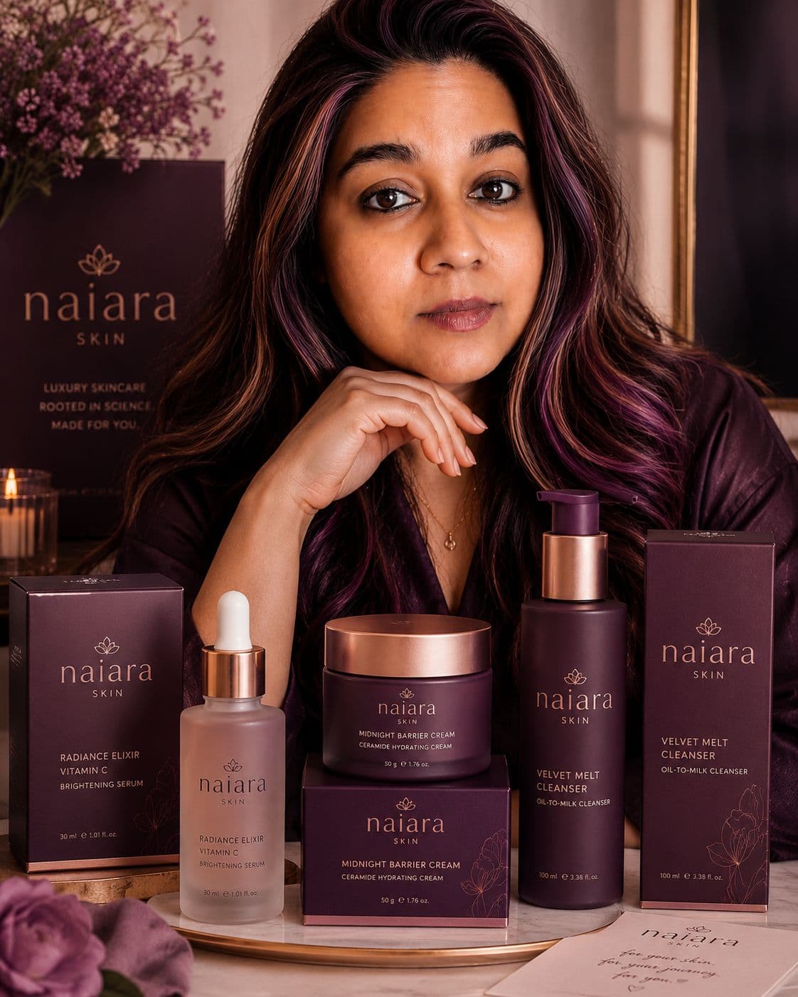Naiara Skin founder with the product collection