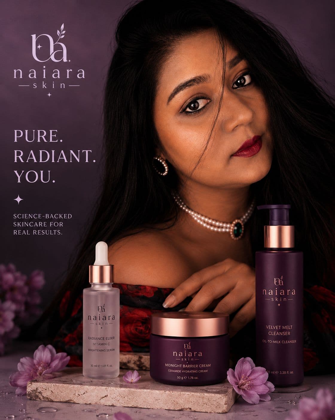 Naiara Skin campaign portrait with skincare products